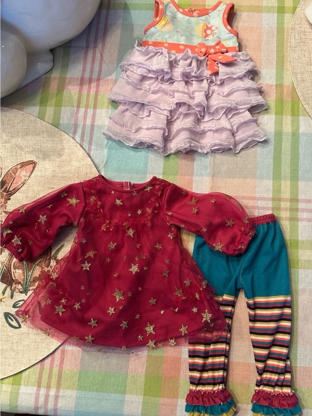 Matilda Jane Red Star Mesh Dress with Teal & Multicolor Striped Leggings doll